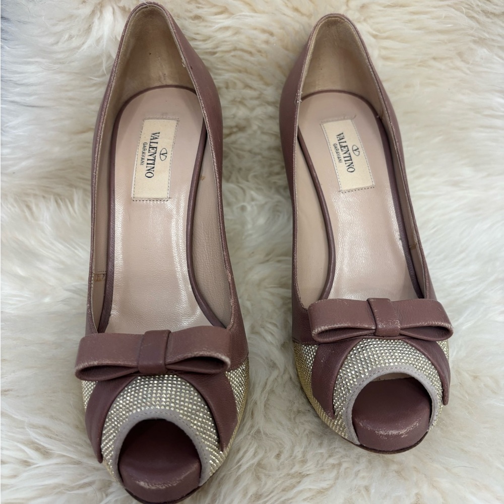 Valentino Brown High Heel Peep-Toe Shoes with Bow Detail